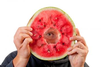 Royalty Free Photo of a Person Holding Up a Watermelon Mask