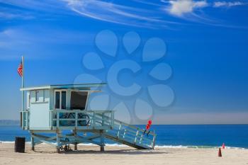 Lifeguard station with american flag on Hermosa beach, California, USA
