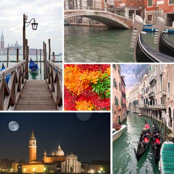 San Giorgio Maggiore island and venice gondolas collage

