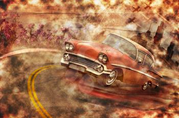 abstract grunge picture of vintage car going out of city