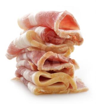 Stack Of Smoked Sliced Bacon On White Background