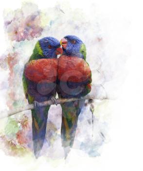 Watercolor Digital Painting Of Rainbow Lorikeet Parrots