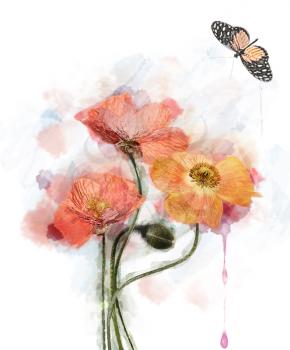 Watercolor Red Poppy Flowers Image.Digital Painting