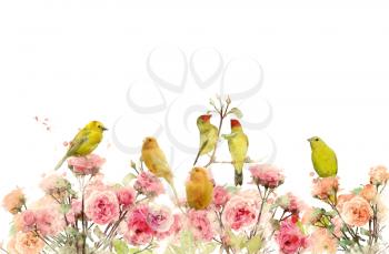 Digital Painting Of Rose Bushes And Yellow Birds