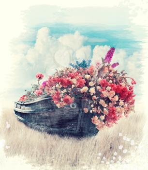 Digital Painting Of Old Boat With Flowers