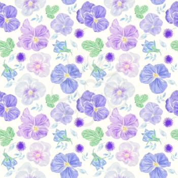 Seamless floral pattern with blue  viola flowers. Endless texture for your design.
