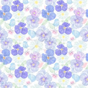 Seamless floral pattern with viola and daisy. Endless texture for your design.