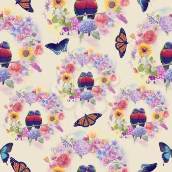 seamless  nature pattern with flowers,birds and butterflies . Endless texture for your design.