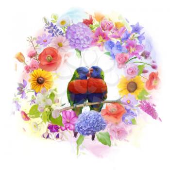 arrangement of colorful flowers and parrots watercolor