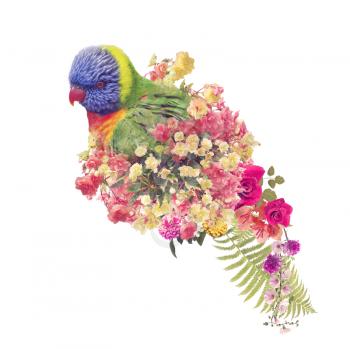 Rainbow Lorikeet parrot with flowers anf leaves .Double Exposure Effect