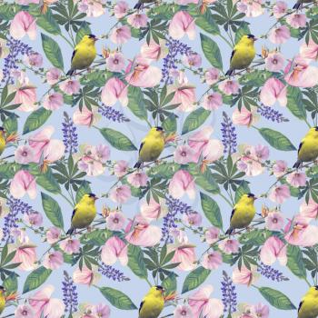 Seamless floral design with yellow bird and tropical flowers for background, Endless pattern.