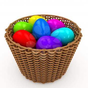 Royalty Free Clipart Image of a Basket of Colorful Eggs