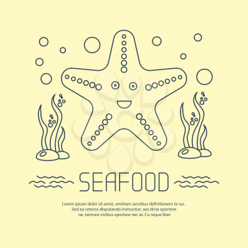 Seafood icon with starfish and seaweed. Vector