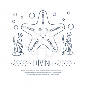 Diving icon with starfish and seaweed. Vector
