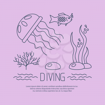Diving icon with jellyfish and seaweed. vector