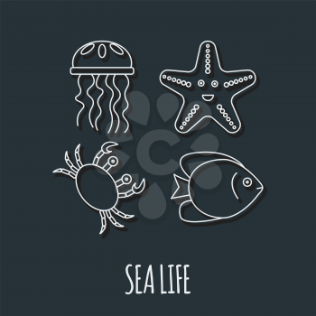 Diving icon with jellyfish, fish, crab and starfish. vector