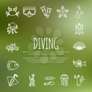 Diving icons set with fish and equipment. Vector