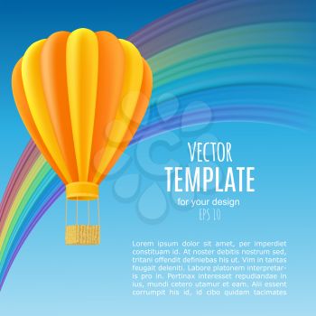 Yellow and orange air ballon with basket fly past rainbow. Template for flyer or poster