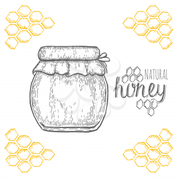 Hand drawn jar of honey over white background. Vector illustration