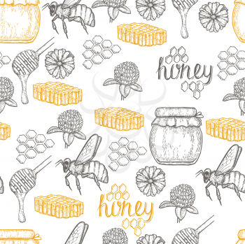 Honey making hand drawn vector seamless psttern. Honey jar, bee, honey stick, clower and honeycomb sketches isolated on white background.