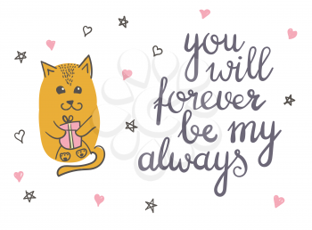 Cute cat with present in love romantic vector illustration.