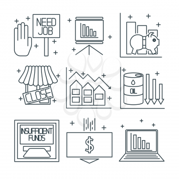 Set icons on a theme of economic crisis. Vector