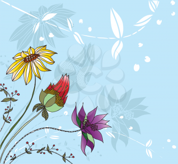 Royalty Free Clipart Image of a Blue Floral Background With Three Different Flowers in the Corner