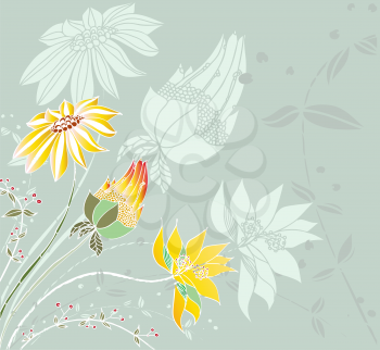 Royalty Free Clipart Image of a Green Background With Flowers in the Corner