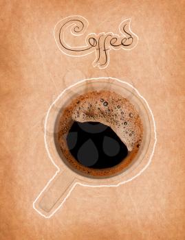 Fresh black coffee in a white cup on paper texture