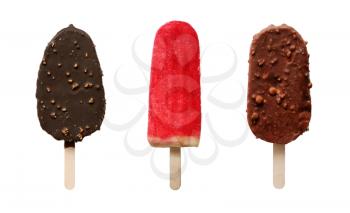 Set of different chocolate and fruit icecream dessert on wooden stick, isolated on white