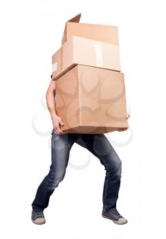 Man holding heavy card boxes, isolated on white 