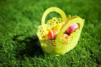 Easter Eggs with Basket on the Grass