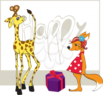 Royalty Free Clipart Image of a Giraffe and a Fox With a Gift