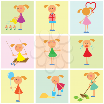 Royalty Free Clipart Image of Little Girls Doing Activities