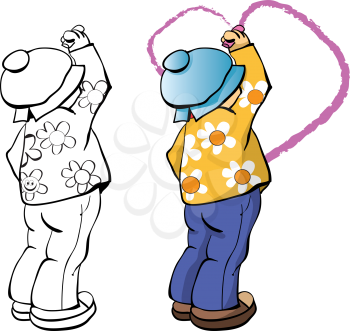 Royalty Free Clipart Image of a Boy Drawing a Heart in Colour and Black and White