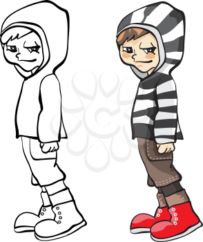Royalty Free Clipart Image of a Boy in a Striped Shirt and in Black and White