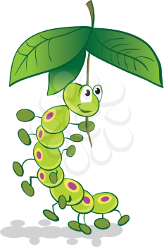 Royalty Free Clipart Image of a Caterpillar Under a Leaf Umbrella
