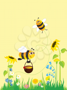 Royalty Free Clipart Image of a Bees in a Meadow