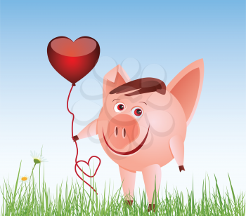 Royalty Free Clipart Image of a Pig With a Balloon