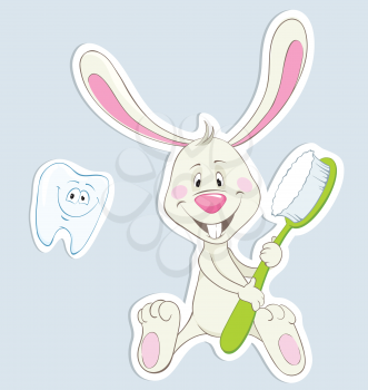 Royalty Free Clipart Image of a Bunny With a Toothbrush and a Tooth