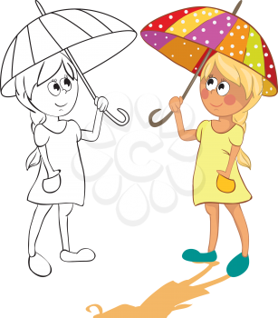 Royalty Free Clipart Image of Two Version of a Girl With an Umbrella