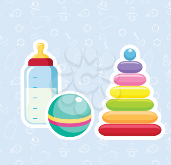 Royalty Free Clipart Image of a Baby Bottle, Ball and Toy on a Blue Background