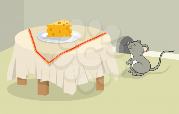 Royalty Free Clipart Image of a Mouse Looking at a Table With Cheese