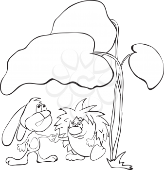 Royalty Free Clipart Image of a Rabbit and Hedgehog Under Leaves