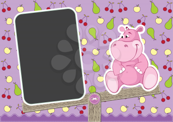 Royalty Free Clipart Image of a Pink Hippo on a Baby Invitation Card