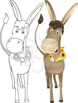 Fun donkey with wreath of flowers. Outline and color