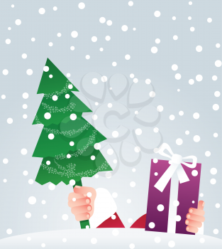Santa  puts gifts on top of snowbank