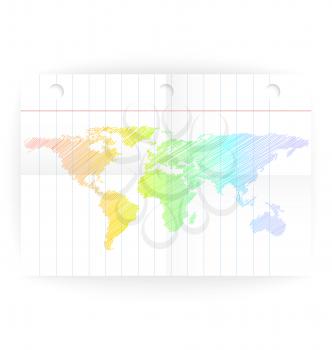 Vector notepad ruled page with folded lines and world map rainbow crayon colored.

