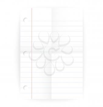 Vector notepad ruled blank page with folded lines and realistic shadow isolated on white.

