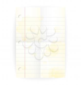 Vector old notepad ruled blank page with folded lines and yellow stains on white.

